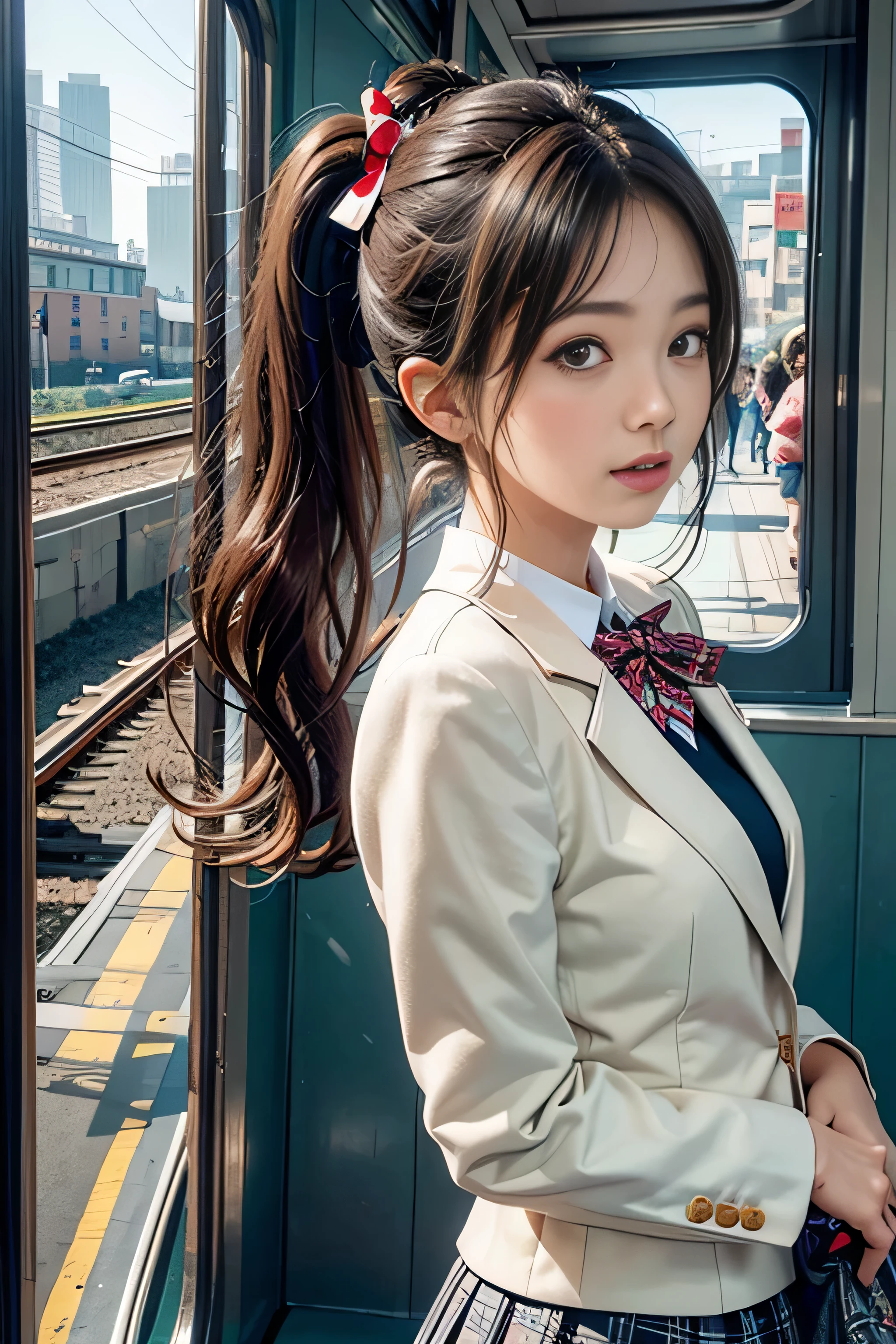 realistic, High resolution, soft light,1 female, alone, waist rises high, (detailed face),(Female student)（(A girl standing in front of a train seat))，(Rear view)、(look back)、colorful hair、shortcut，wear、(White blazer emblem on chest)、(white blouse)(red bow tie)(check skirt),long hair、(ponytail)、((Panty shot)）、（I can see your pants）、
