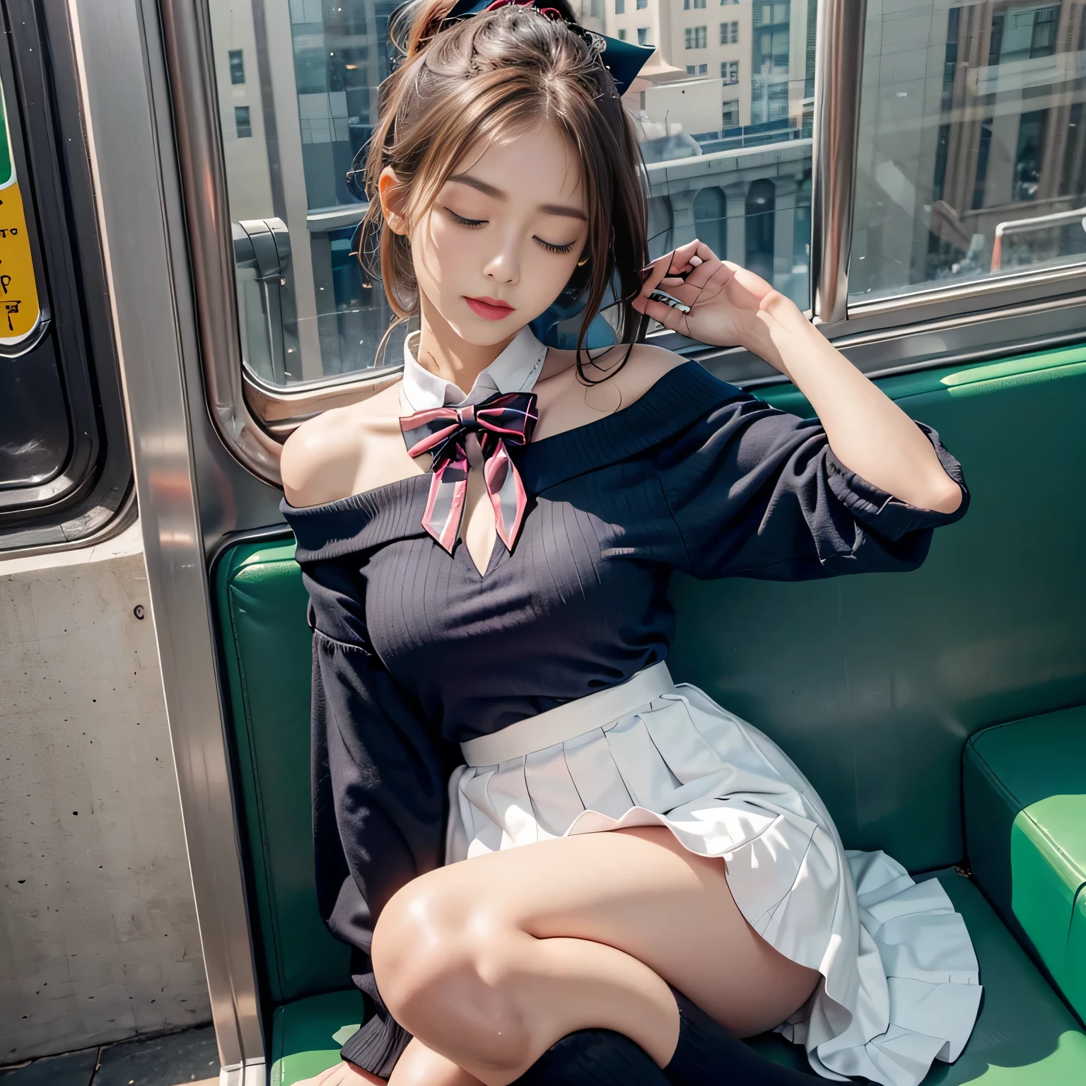 realistic, High resolution, soft light,1 female, alone, waist rises high, (detailed face),(Female student)（(Girl sitting on train))，colorful hair、shortcut，wear、(Off-shoulder white blazer with emblem on the chest)、(off shoulder translucent white blouse)、(loose red bow tie)(check skirt),long hair、(ponytail)、((Panty shot)）、（You can see the white lace panties）、(close your eyes),(spread your legs a little)