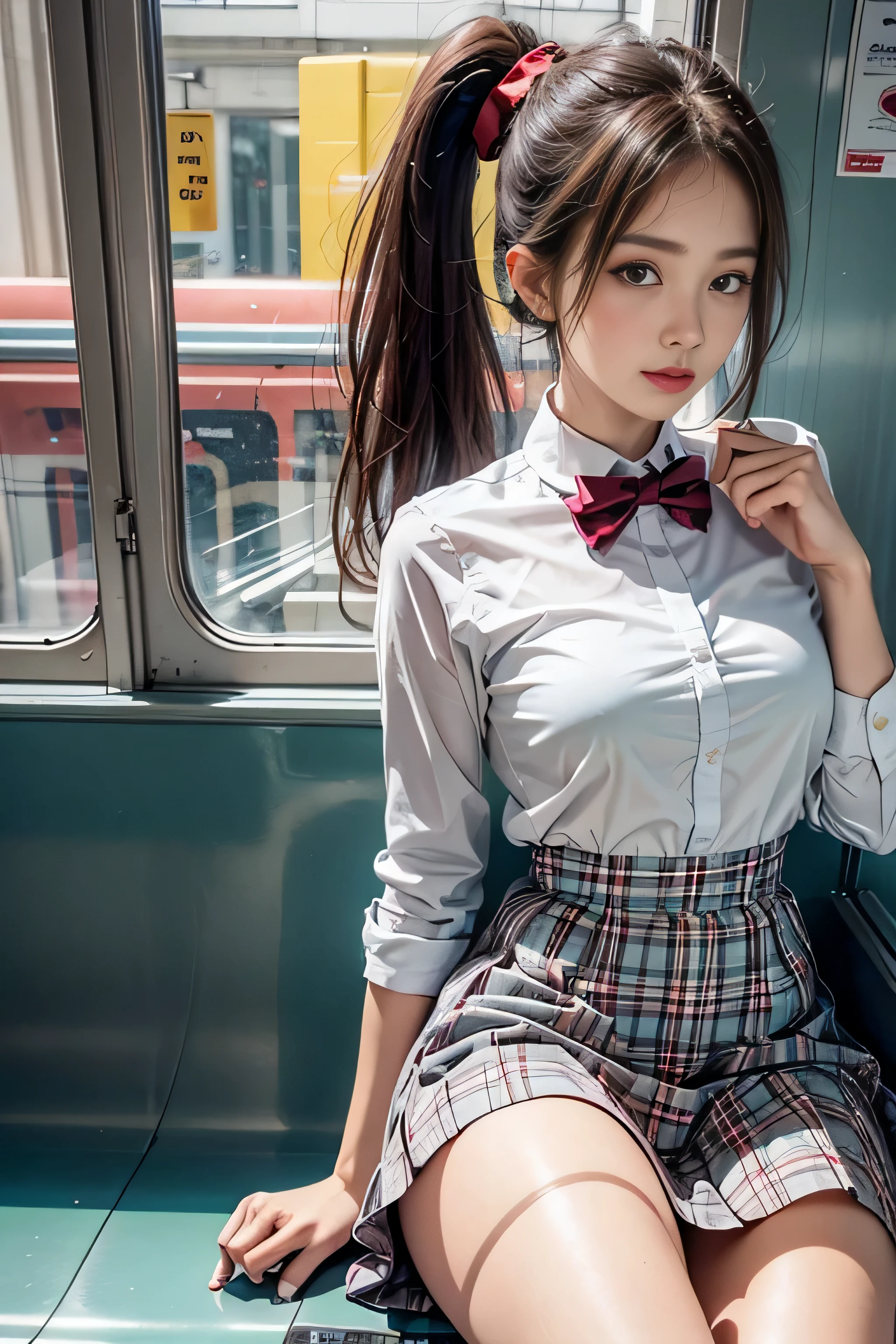 realistic, High resolution, soft light,1 female, alone, waist rises high, (detailed face),(Female student)（(A girl standing in front of a train seat))，colorful hair、shortcut，wear、(White blazer emblem on chest)、(translucent white blouse),(red bow tie)(check skirt),long hair、(ponytail)、((Panty shot)）、