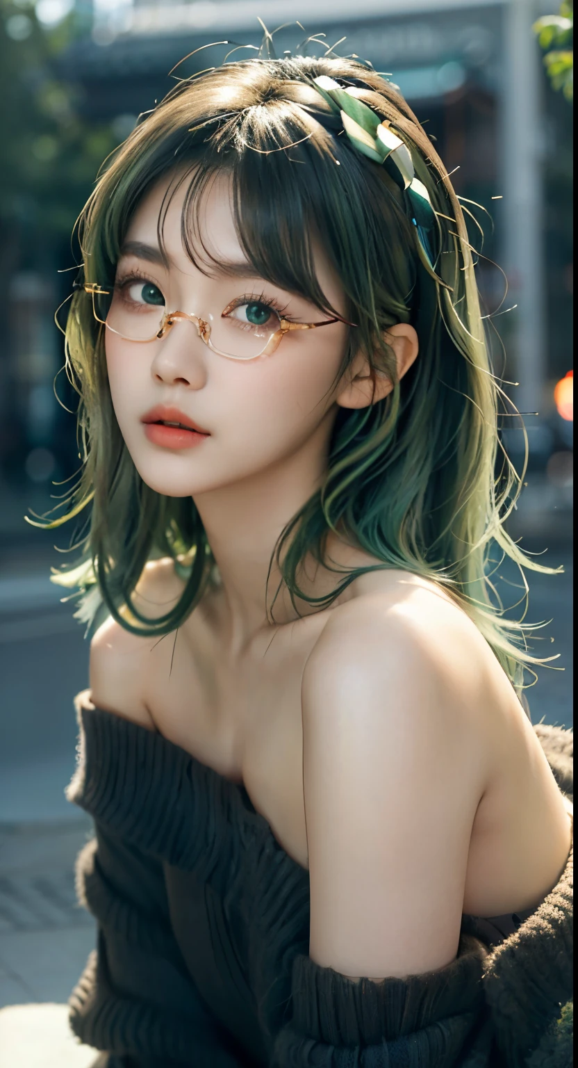 A woman with green hair and glasses sitting on a bench - SeaArt AI