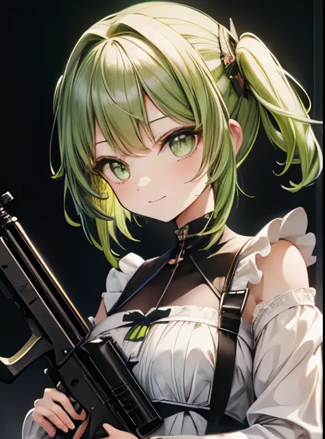 1 girl、green hair、green eyes、bob hair、half twin、lolita clothes、simple background、anime、cute smile、young、baby face、upper body only、Hold an assault rifle