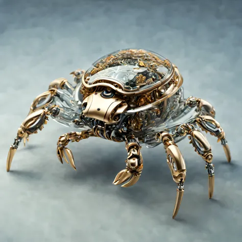 Detailed and realistic artwork，Depicts a cute and sophisticated biomechanical style robot crab. every detail, From complex transparent casings to sophisticated internal mechanical components, Captured with superb precision. Textures are very realistic，You ...