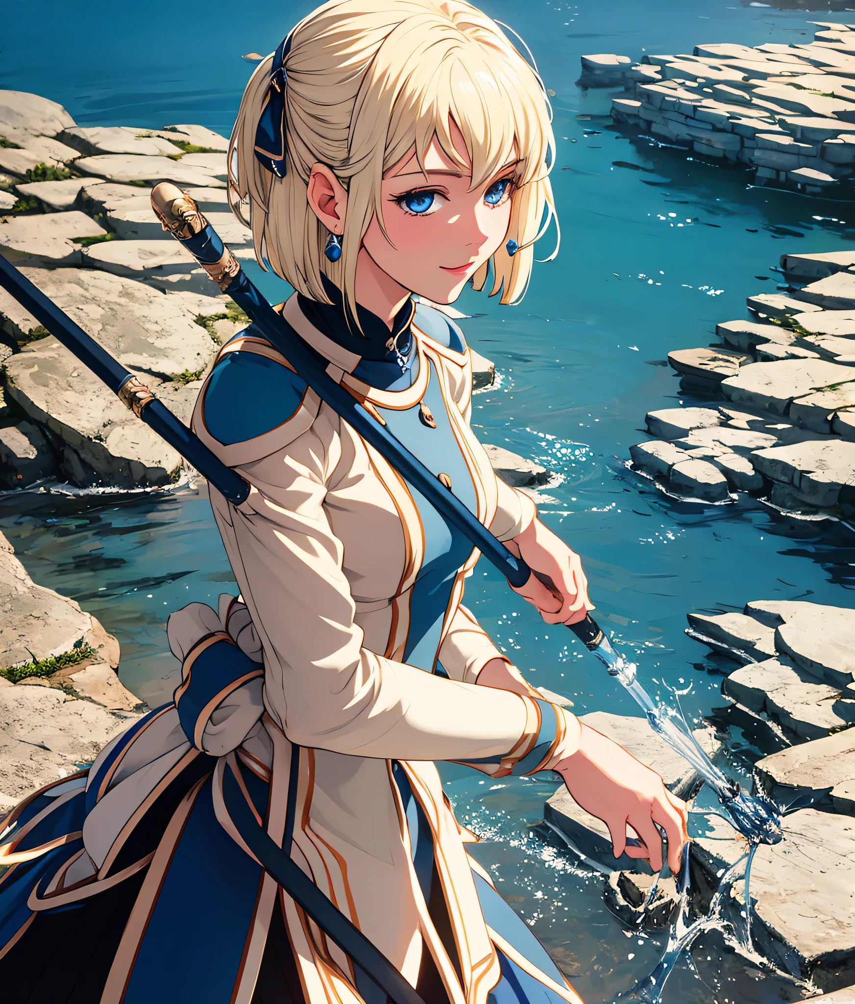 masterpiece, high res, detailed face, detailed eyes, anime screencap, 1 girl, solo, casting water magic, slender, short hair, white blonde hair, medium breasts, blue eyes, blue dress, staff, serious, blue magic, raising staff, outdoors, full body, cowboy shot, smiling 
