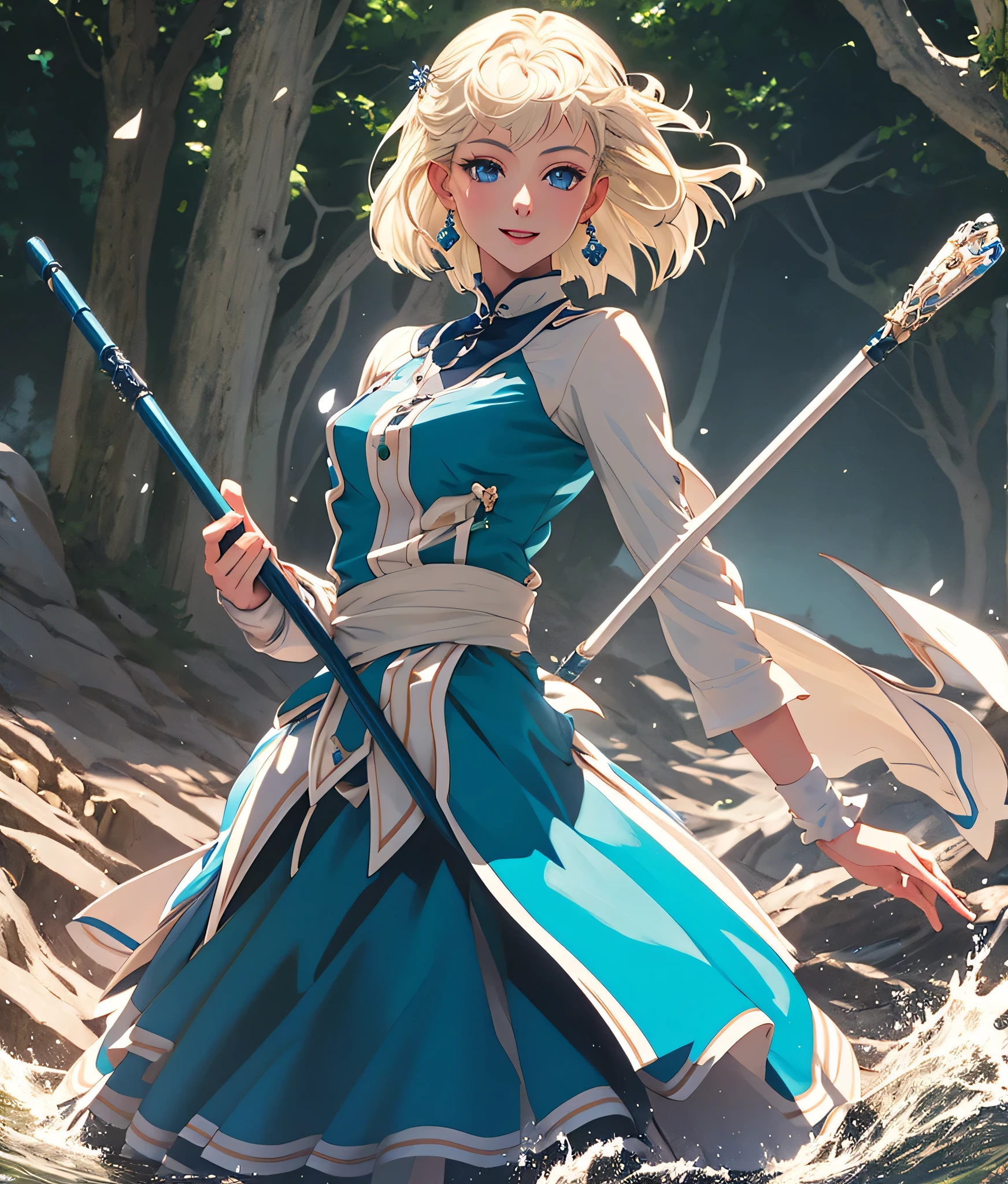 masterpiece, high res, detailed face, detailed eyes, anime screencap, 1 girl, solo, casting water magic, slender, short hair, white blonde hair, medium breasts, blue eyes, blue dress, staff, serious, blue magic, raising staff, outdoors, full body, cowboy shot, smiling 
