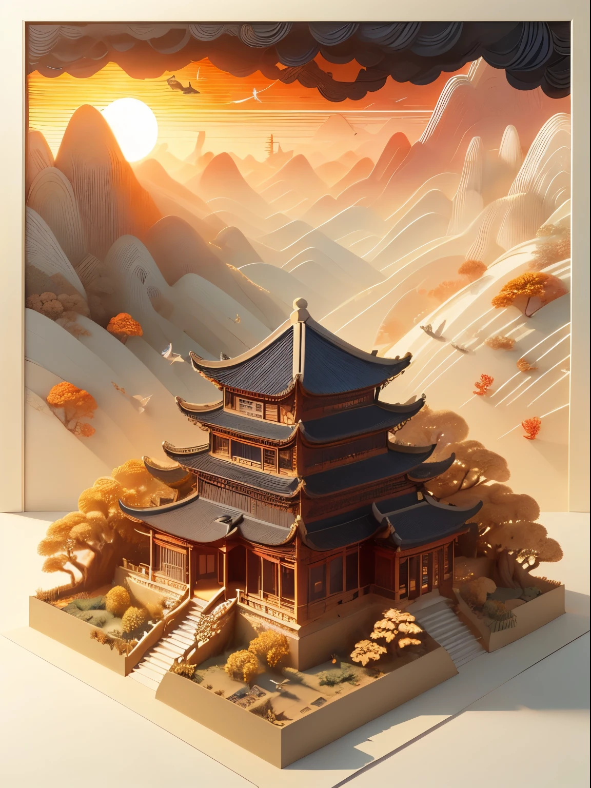 (((masterpiece))),best quality, illustration,Paper浮雕, Sunset, Vibrant color scheme, soft light,(warm color:1.2),watercolor, Light background, best quality exquisite details,3d rendering,octane rendering, soft, Paper_cut.