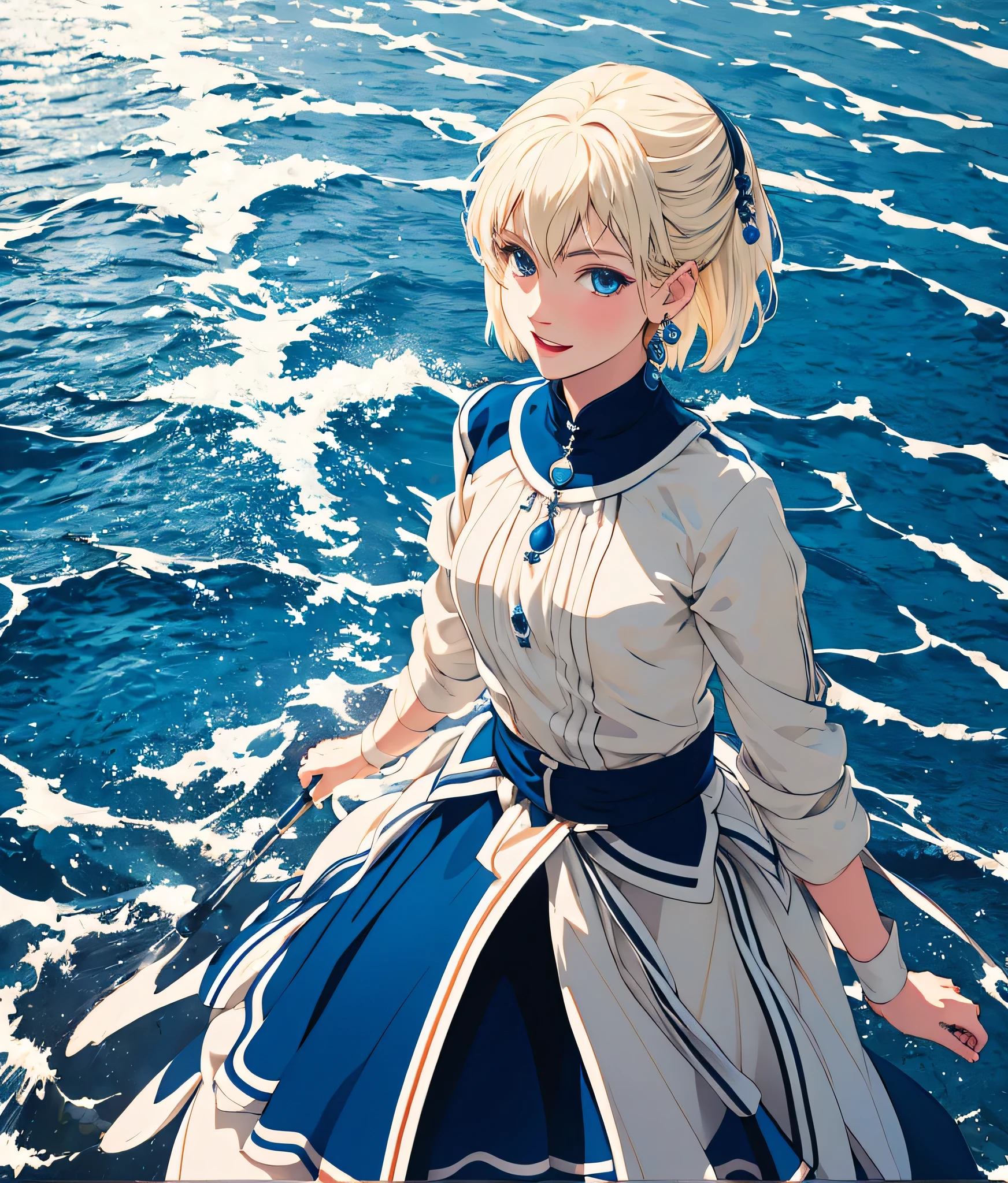 masterpiece, high res, detailed face, detailed eyes, anime screencap, 1 girl, solo, casting water magic, slender, short hair, white blonde hair, medium breasts, blue eyes, blue dress, serious, blue magic , outdoors, full body, cowboy shot, smiling