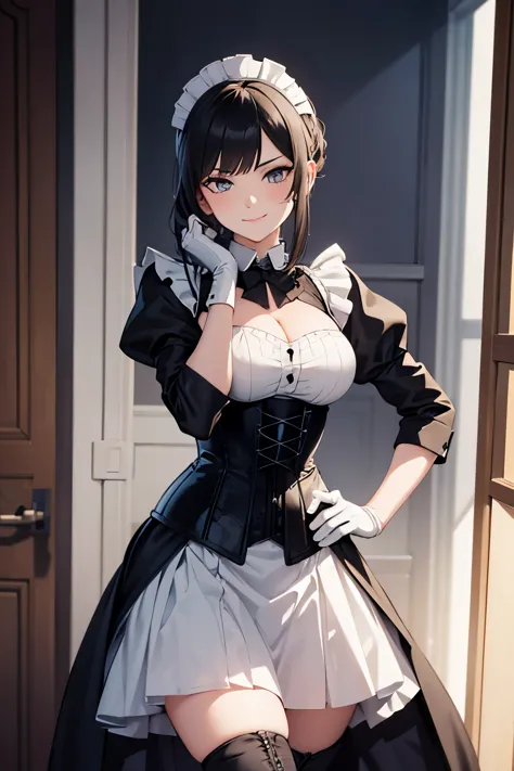 detailed image, arrogant woman, (30 years), arrogant smile, drill hairstyle, in a maid uniform with a long skirt, in a corset, i...