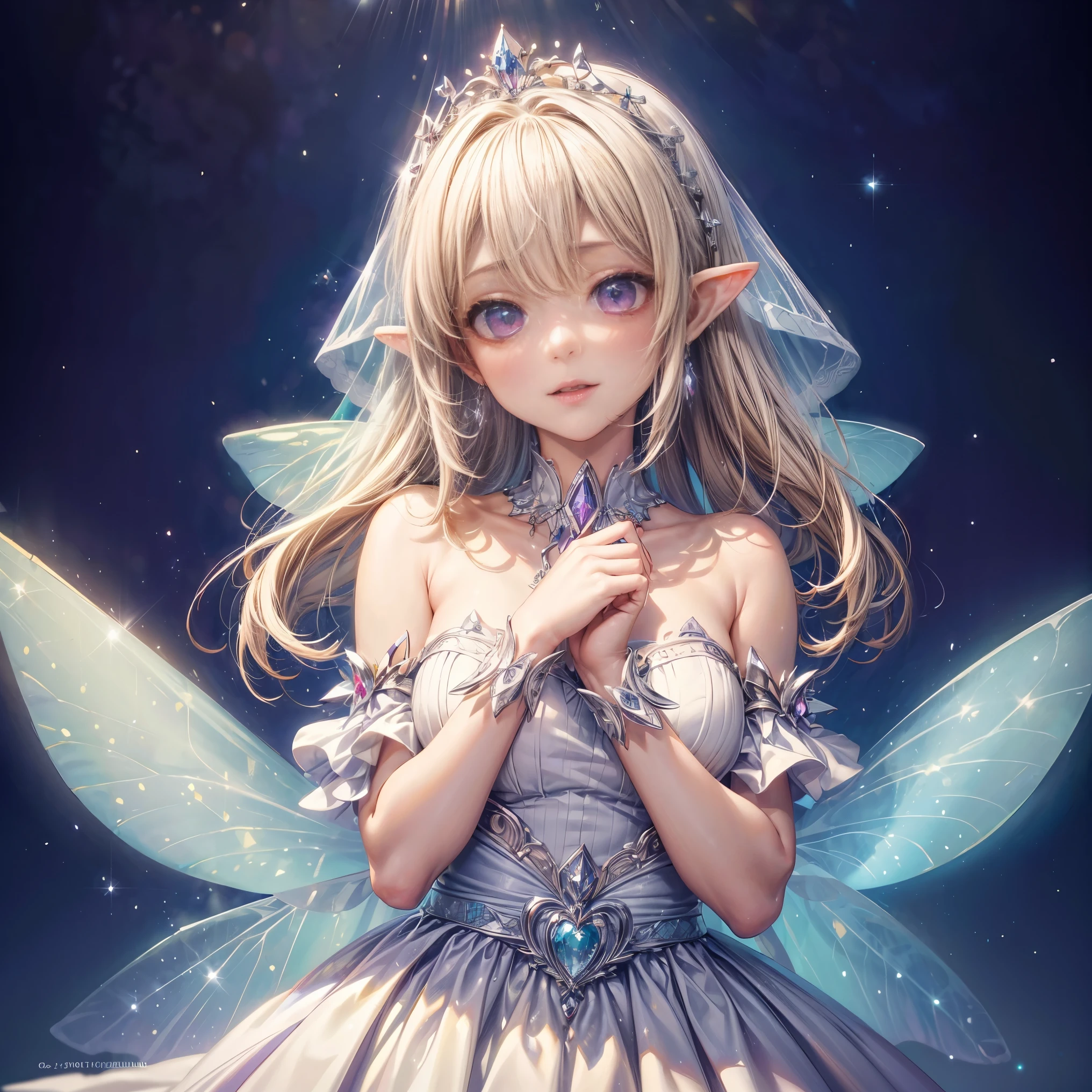 (highest quality, masterpiece, Super detailed, very detailed, exquisite, 16k,Full HD),upper body close-up, (((white background))),(fairy princess, purple eyes, Big eyes, white skin,slim, blonde,thin and long,Huge fairy wings from slightly above the waist),tiara,earrings,choker,light blue ball gown dress,(laughing),  Rainbow-colored shine crystal,(fantasy, romantic atmosphere), magic light, realistic,photo from the shoulders up ,shine,white light,Gentle atmosphere