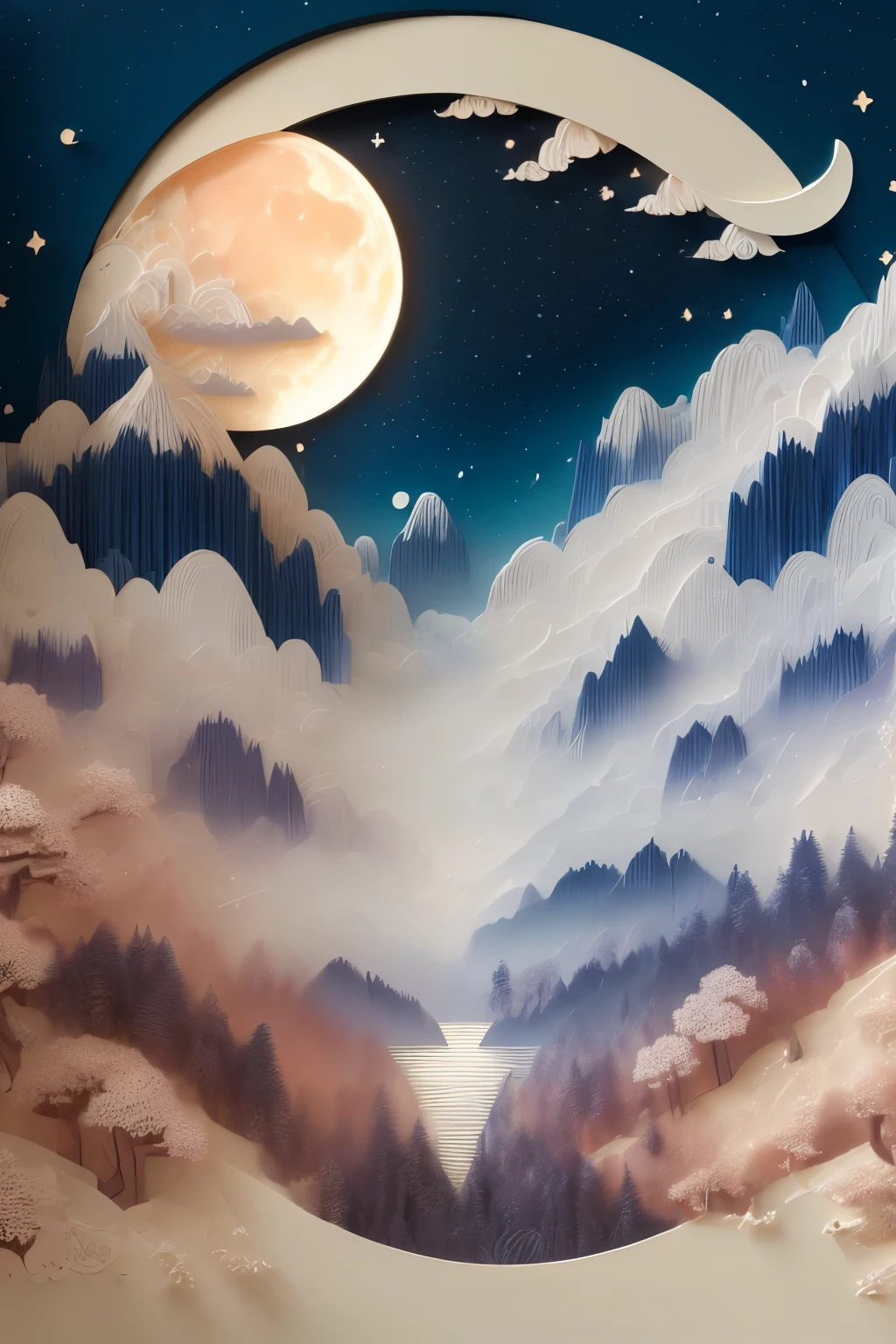 (((masterpiece))),best quality, illustration,paper relief, Can you help me draw a sketch of an abstract colorful night sky and foggy moon