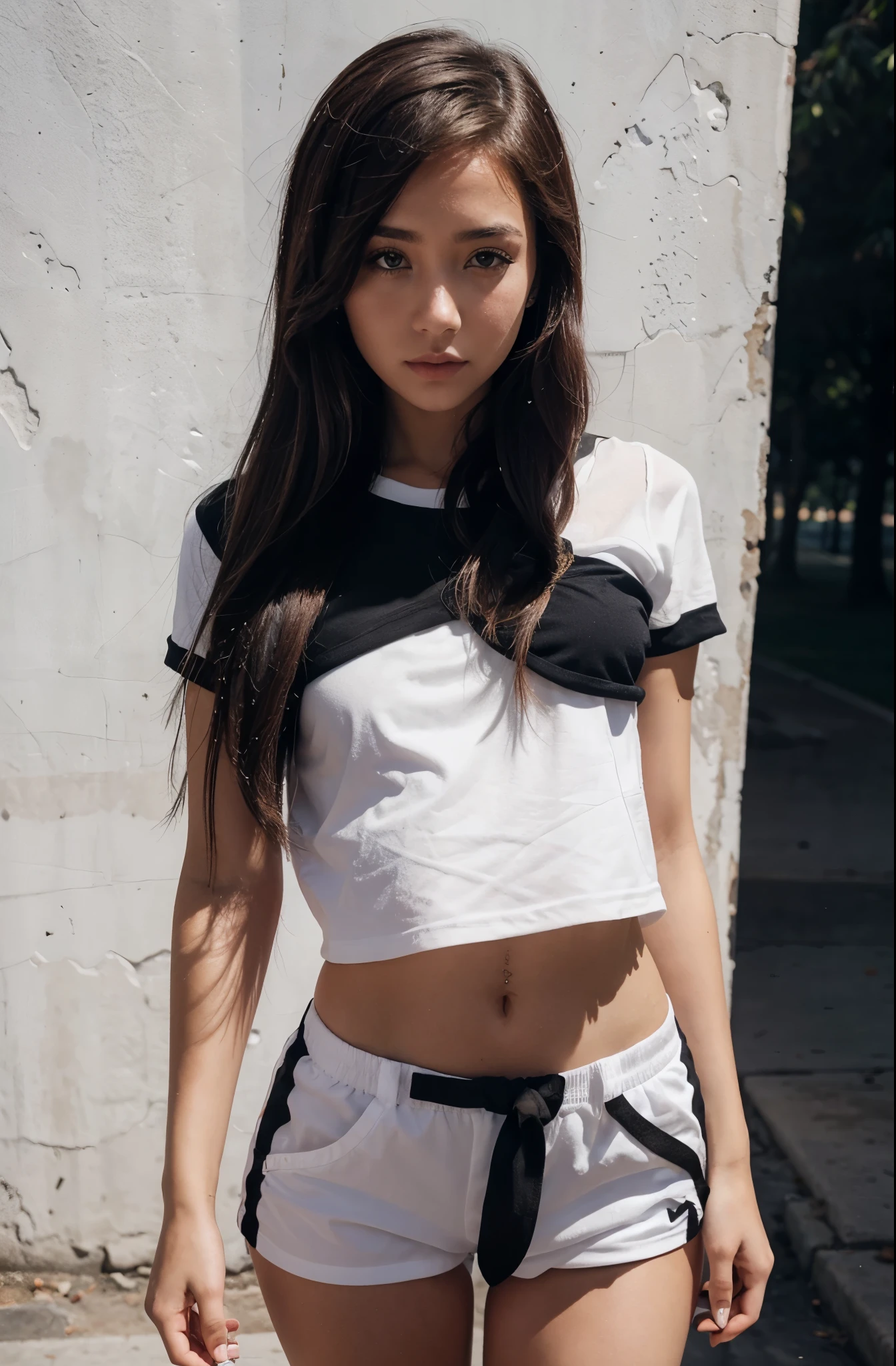 A close up of a woman in a white and black top and shorts - SeaArt AI