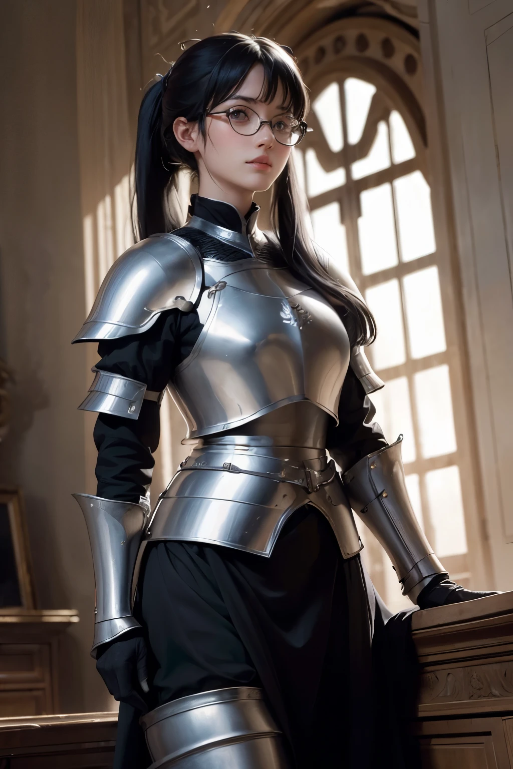 ((法國百年戰爭的廣角鏡頭)), 一個美麗的女人, 黑色的頭髮綁成馬尾辮, 瀏海, 戴眼鏡, 穿著貞德盔甲