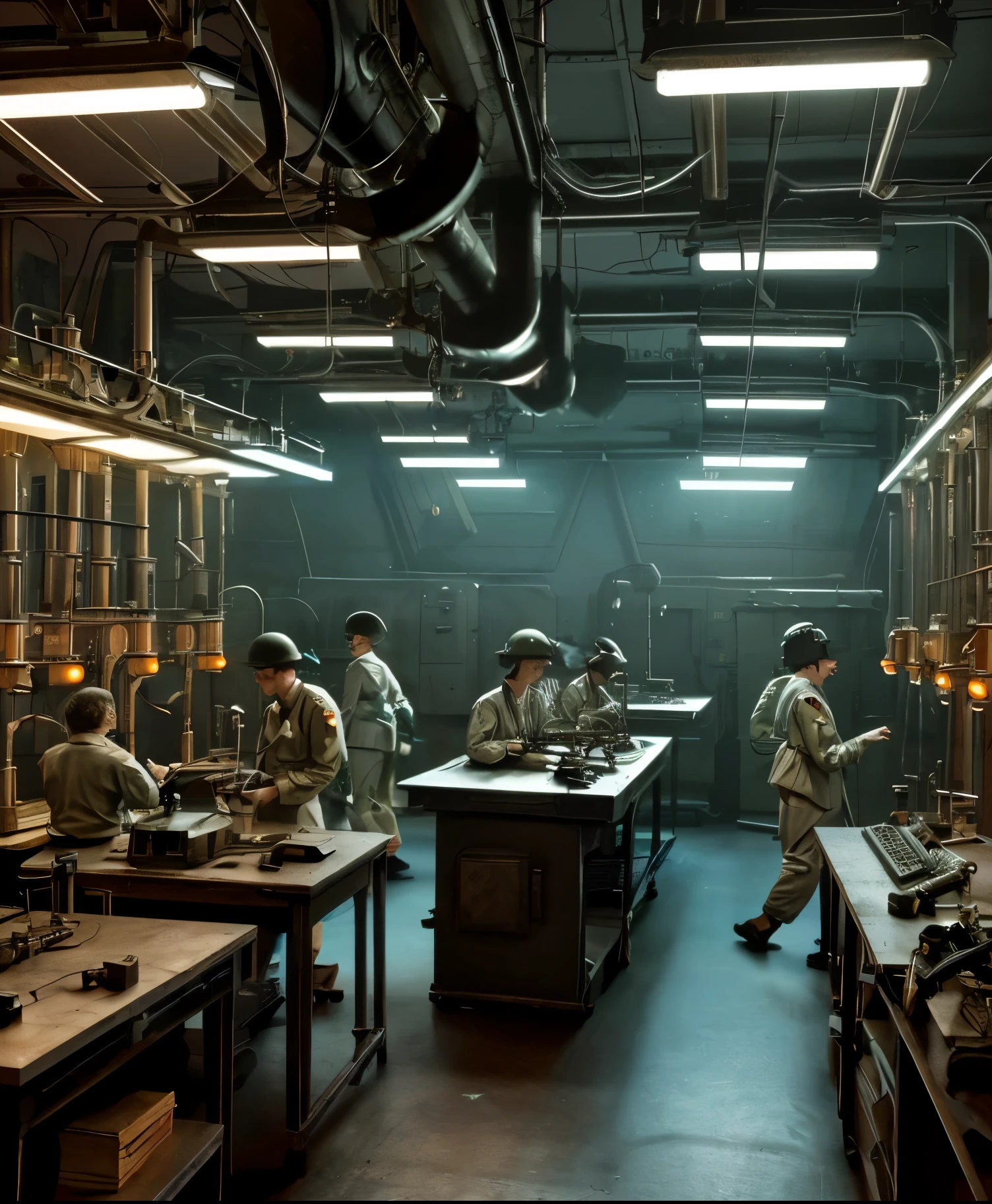  実験台の上に脳が並べられた第二次世界大戦のレトロなSFシーン, ヴィンテージの科学機器と明滅する光に囲まれた