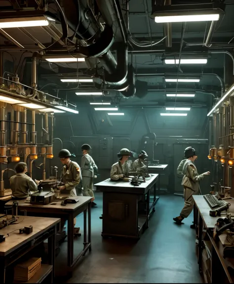  A World War Il retro sci-fi scene with brains lined up on a laboratory table, surrounded by vintage scientific equipment and fl...