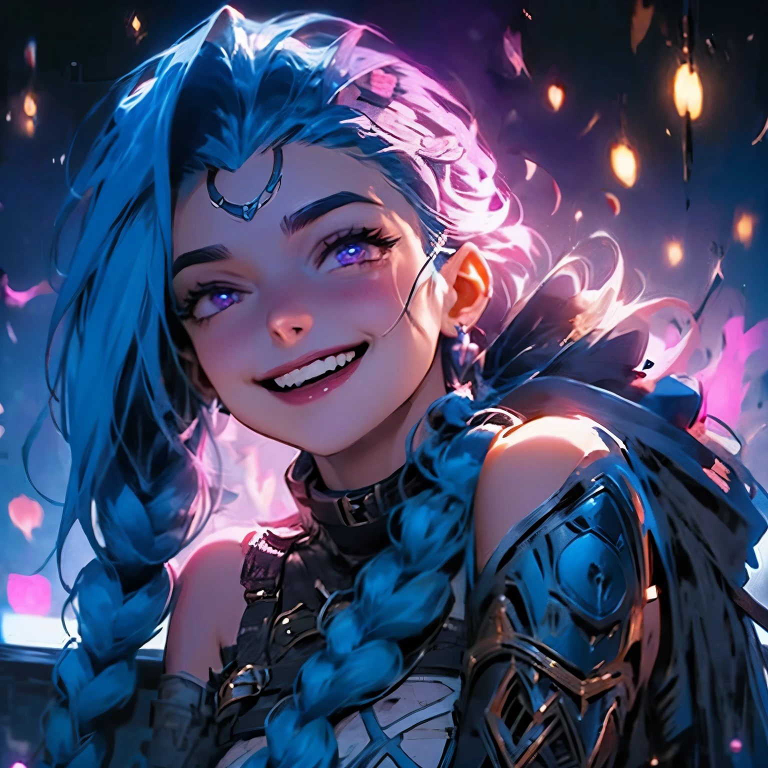 Jinx, League of Legends, completely nude, big , gorgeous body, crazed sexual look on her face. 