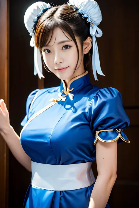 chun-li from street fight ii,perfect chun li costume,blue cheongsam with gold lines,bun head,bun cover,fighting pose,masterpiece...