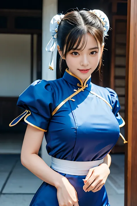 Chun-Li from Street Fight II,perfect chun li costume,Blue cheongsam with gold lines,Bun head,bun cover,fighting pose,masterpiece...