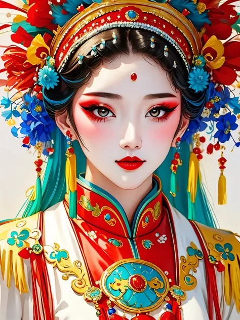 (masterpiece, best quality:1.2),1 girl,beautiful，portrait，chinese peking opera，gorgeous costumes，exquisite headdress，flower head...