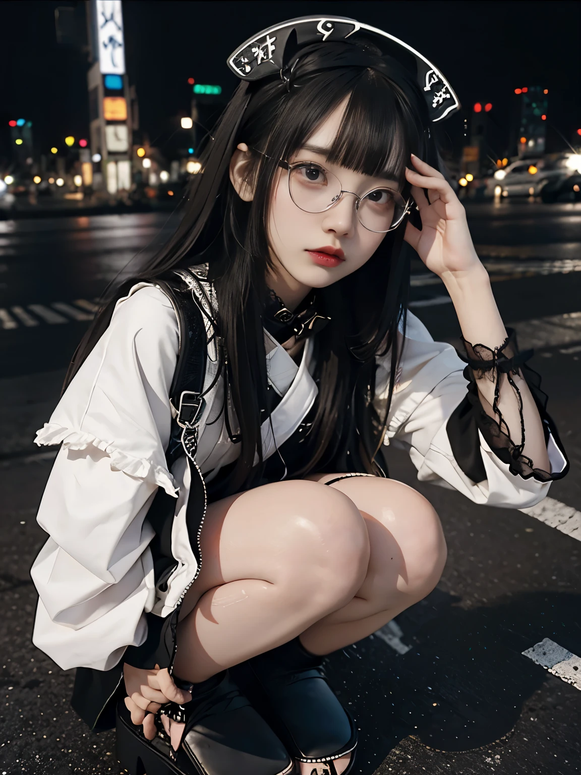 raw photo, 8k, (top-quality), Realistic, (real picture, Intricate details), (natural skin texture, detailed skin, hyper realism, sharpness), (Japanese teenage girl squatting in a downtown area at night, neon light), ((glasses, jirai fashion with black and white)), (((flat chast:1.5))), (slender body, pale skin:1.2), ((white hair, straight hair, blunt bangs)), (glasses, eye shadow, eyeliner, tear bag:1.3, red lips), night time, spot lighting:1.3