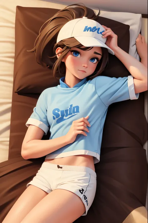 brown hair, blue eyes, ponytail, (white latex short shorts), snapback hat, laying on a bed