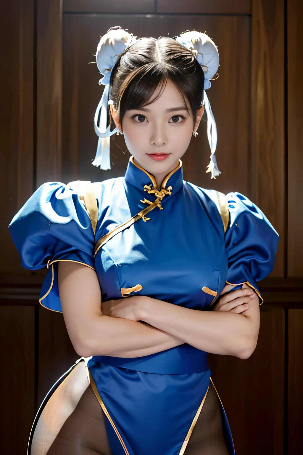 Chun-Li aus Street Fight II,perfektes Chun Li Kostüm,Blaues Cheongsam mit goldenen Linien,Duttkopf,Brötchenabdeckung,Kampfpose,Meisterwerk、1 schönes Mädchen、Schöne Augen、Geschwollene Augen、höchste Qualität, 超hohe Auflösung, (Wirklichkeit: 1.4), Filmbeleuchtung、japanisch、Asiatische Schönheit、Koreanisch、Super schön、schöne Haut、Körper nach vorne gerichtet、Nahaufnahme des Gesichts、(超Wirklichkeit的な)、(hohe Auflösung)、(8k)、(Sehr detailiert)、(美しくSchöne Augen)、(Super detailliert)、 (Wand-)、detailliertes Gesicht、Helle Beleuchtung、professionelle Beleuchtung、den Betrachter anschauen、Schau geradeaus、schräger Pony、Nogizaka-Idol、koreanisches Idol、Meisterwerk, höchste Qualität, Meisterwerk, höchste Qualität, Perfektes Gesicht, perfekte braune Augen mit weißer Sklera, schlechter Zug-5, allein, 1 Mädchen, Oberkörper, braune Haare, Aus SF2, Chinesischer Service, lächeln, muskulöse Frau, blaue Kleidung, Strumpfhose, Beckenvorhang, bauschige kurze Ärmel, Gute Abdeckung, Schärpe, Auswertung:Sicherheit