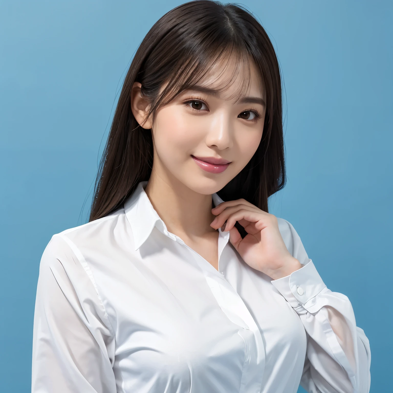 (highest quality、table top、8k、best image quality、Award-winning work)、1 beautiful woman、(formal straight medium hair:1.1)、(wearing a perfect white shirt made of polyester:1.1)、(Perfect and precise polyester long sleeve shirt:1.1)、smile looking at me、(big breasts:1.1)、(emphasize body line:1.1)、(Above the shoulders photo 1.2)、(A woman perfectly positioned in the center of the screen:1.1)、(Upright posture facing me directly:1.3)、(Stand upright and face straight ahead.:1.3)、elegant makeup、Ultra high definition beauty face、ultra high definition hair、Super high-definition sparkling eyes、Super high resolution glossy lips、accurate anatomy、very beautiful skin、Super high-definition glowing beautiful skin、(solid blue background:1.2)、(The most elegant and perfect frontal upright posture:1.2)