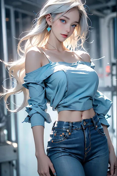 "Cute girl with shoulder-length white hair and sweet aqua eyes, Wearing a stylish blue top and stylish jeans."Naked trench (huge breasts:1.2),wet skin（（rogue））cool atmosphere，shiny skin，big breasts, big breasts, M cup