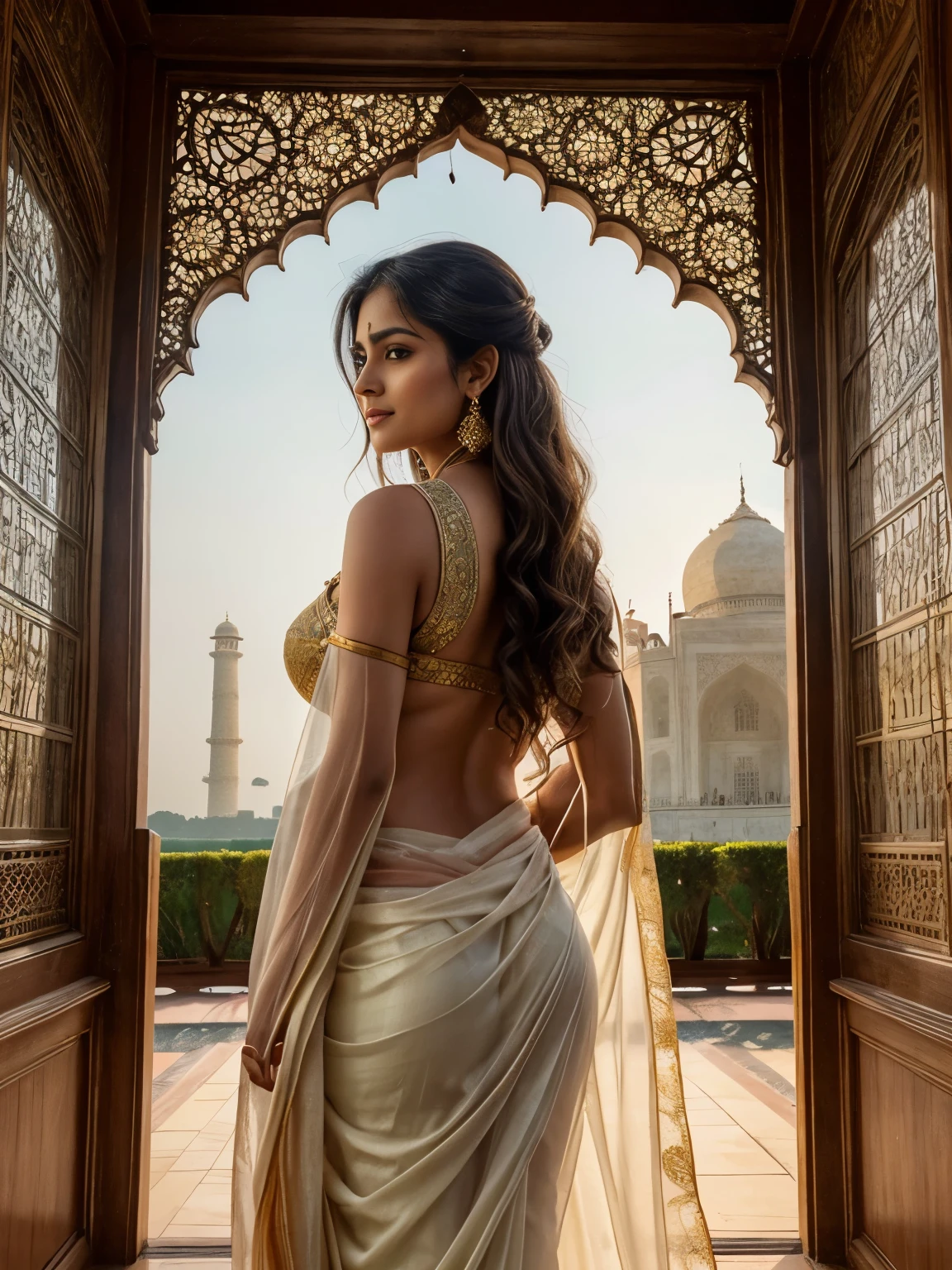 "An image unfolds in front of your eyes, capturing the essence of timeless grace and spirituality. In the heart of India, a woman in her forties stands before you, a symbol of the country's rich cultural heritage. Her appearance is a testament to the enduring beauty of Indian traditions. Her hair, a deep, lustrous black, cascades down her back in voluminous, elegant curls. The tendrils frame her face, accentuating her warm, expressive eyes. Her face carries the wisdom of her years, etched with the lines of a life well-lived. Her skin is a rich, warm tone, evoking the sun-kissed hues of her homeland. The woman is draped in the finest of traditional Indian attire. A saree, the epitome of grace and femininity, drapes her form. Its fabric is a rich, vibrant color, perhaps a deep crimson or a royal blue, adorned with intricate patterns and embellishments. The saree flows elegantly from her shoulders, caressing the ground as she stands. Her blouse, a perfect complement to the saree, is intricately designed with delicate embroidery and beadwork. The traditional attire is not just clothing; it is an embodiment of India's cultural heritage and a reflection of her own inner strength and beauty. Her hands are brought together in front of her chest in a gesture of prayer, the palms gently pressed against each other. This 'Namaste' gesture is not just a greeting; it is a profound acknowledgment of the divine within oneself and in others. Her fingers, adorned with intricate henna designs, touch with reverence. In the backdrop, the Taj Mahal, one of the most iconic monuments in the world, stands as a testament to eternal love. Its pristine white marble glistens in the soft, golden light of the setting sun. The intricate details of its architecture are a marvel to behold, with delicate minarets and ornate domes. The Taj Mahal appears almost ethereal, its grandeur a perfect complement to the woman's elegance.