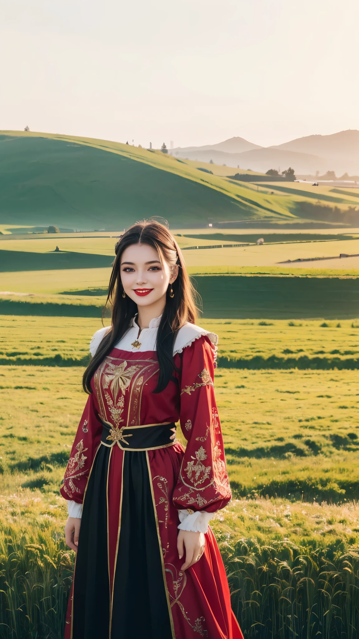 A woman in a red and black dress standing in a field - SeaArt AI