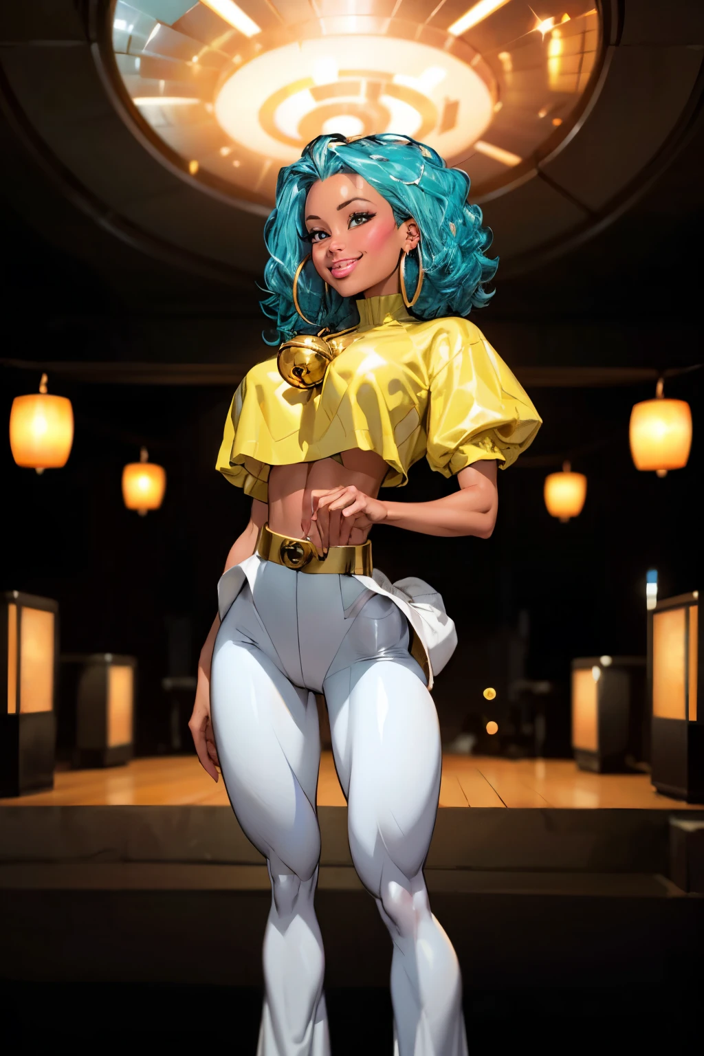 1 young female ,  smile, dark skin tone, afro hair,  a pair of sparkly bell-bottoms, a white blouse,   yellow and cyan tone, 1970s,   huge ear ring, Bell-bottoms, flares,   Disco Mirror Ball,
analog style (35mmstyle:1.1),  masterpiece, , cinematic lighting, (photorealistic:1.3),  (film grain), film noise, kodak proimage 100, depth of field , bokeh
 