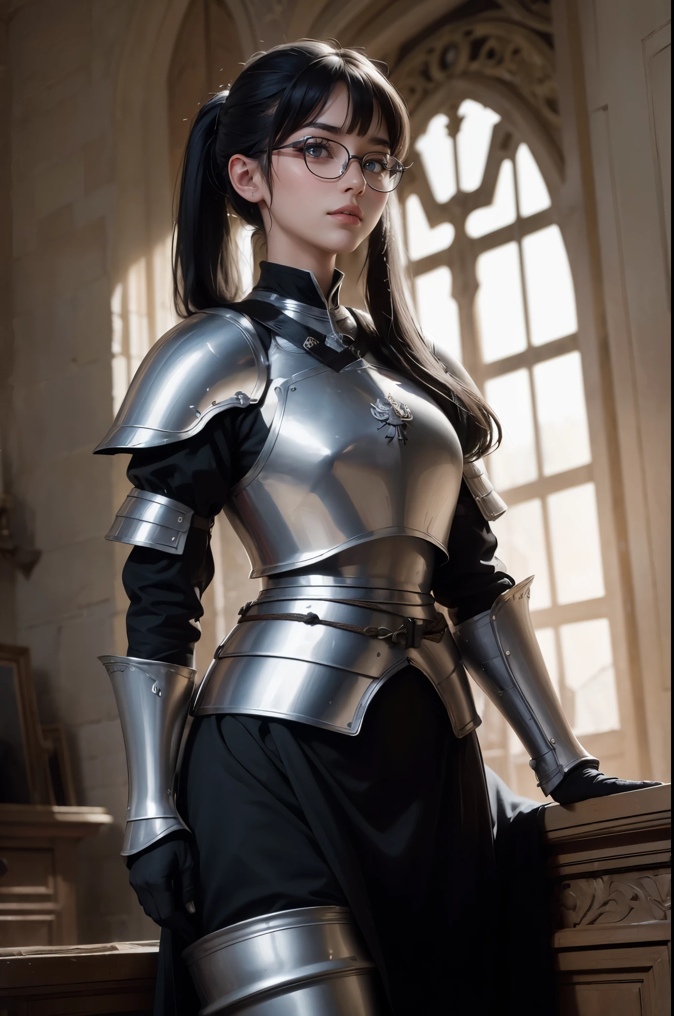 ((wide angle shot of the Hundred Years' War in France)), a beautiful woman, black hair in a ponytail, bangs, wearing glasses, wearing Jeanne d'Arc armor