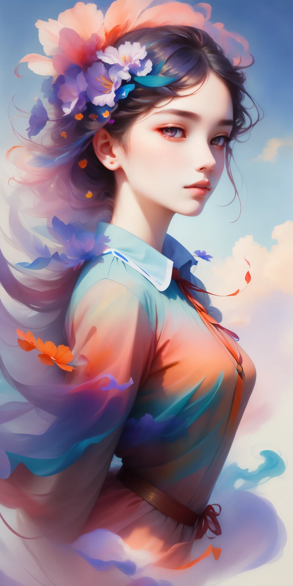 _James Jean, Figure féminine flottante en ruban, fume, dans le ciel, Coloré、énergique, couleur mystérieuse, impressionnisme contemporain, peinture de portrait de yanjun cheng, peinture irisation, 3/4 points de vue, visage mignon, faible angle, Composition de balayage et de cercles, beaux grands yeux de cristal, grand iris, ultra haute définition, Plage dynamique élevée, 8k, (chef-d&#39;œuvre:1. 5), (Les plus beaux portraits du monde:1.5)