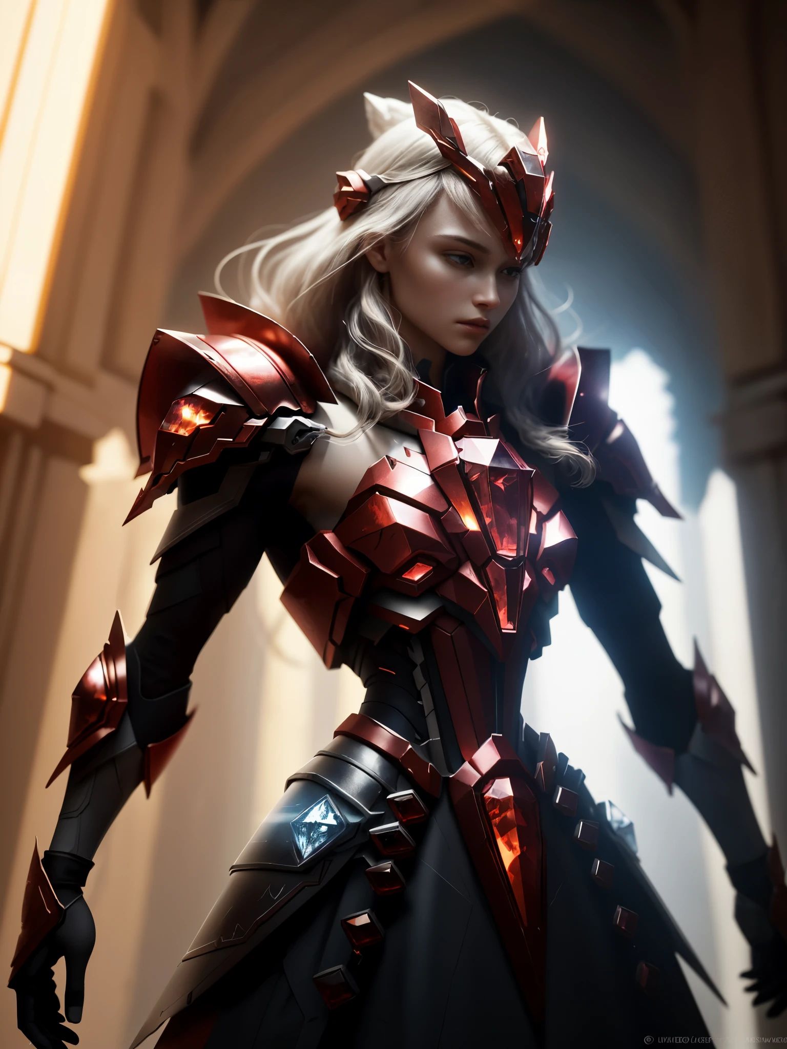 world style，Armor girl，Crystal material（3D rendered armor，refractive index：1.76 - 1.78，albedo：0.03 - 0.05，ambient light：Between 20-50，Farbe：deep red, Medium saturation，Type of light：ambient light：1.2，Light source Farbe：Northern Lights，Light source intensity：between 1 - 2，Light source direction：Adjust the position and direction of the light source appropriately according to the shape and material of the object，Number of light sources：2 - 3 light sources
）Crystal exoskeleton，red cloak，beautiful female knight，detailed fantasy art，red crystal armor，（red crystal：15），（red 0.5），（crystal texture：1.5），smooth surface，high transparency，HD resolution，Texture and details inside the material，Piezoelectric effect，逆Piezoelectric effect，Optical diffraction，amazing armor，2.5D CGI fantasy artwork， 4K detail fantasy，high detail, Surrealism, Cubism, Constructivism, clair obscur, Ray tracing, backlight, Stereo view, light, uhd, retina, masterpiece, precise, anatomically correct, high resolution, best quality, textured skin, HD, 4K