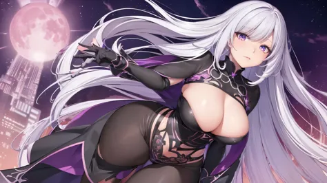 (a woman full body, white hair, in black open dress, tight clothes,glowing blue alluring eyes, thick thighs, very thin waist, slim hips, open legs), ((anime-style artwork, thick lineart, thick line-art, 2.5D style),colorful shades, Hyper detailed, highly d...
