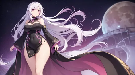 (a woman full body, white hair, in black open dress, tight clothes,glowing blue alluring eyes, thick thighs, very thin waist, slim hips, open legs), ((anime-style artwork, thick lineart, thick line-art, 2.5D style),colorful shades, Hyper detailed, highly d...