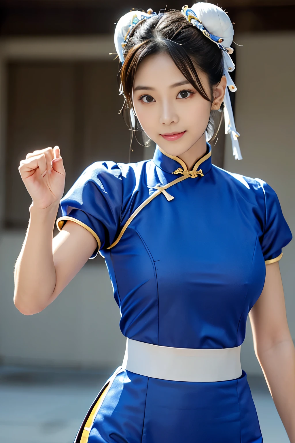 Chun-Li from Street Fight II,perfect chun li costume,Blue cheongsam with gold lines,Bun head,bun cover,fighting pose,masterpiece、1 beautiful girl、fine eyes、puffy eyes、highest quality, 超High resolution, (reality: 1.4), movie lighting、Japanese、asian beauty、Korean、super beautiful、beautiful skin、body facing forward、close up of face、(超reality的な)、(High resolution)、(8k)、(very detailed)、(美しくfine eyes)、(Super detailed)、 (wall-)、detailed face、bright lighting、professional lighting、looking at the viewer、look straight ahead、slanted bangs、Nogizaka Idol、korean idol、masterpiece, highest quality, masterpiece, highest quality, perfect face, perfect brown eyes with white sclera, bad move-5, alone, 1 girl, Upper body, brown hair, From SF2, Chinese service, smile, muscular woman, blue clothes, pantyhose, pelvic curtain, Puffy short sleeves, Good cover, sash, evaluation:safety