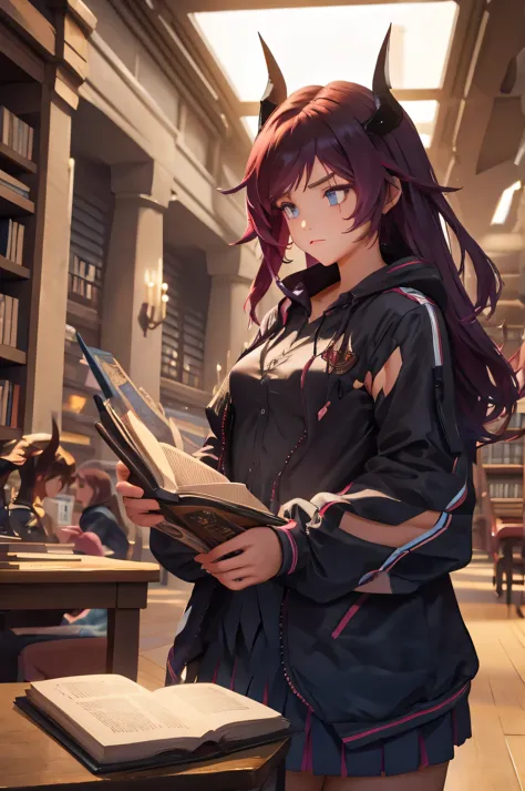 Teenage woman, battle outfit, horns, long hair, reading in the library 