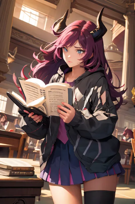 teenage woman, battle outfit, horns, long hair, reading in the library, floating books