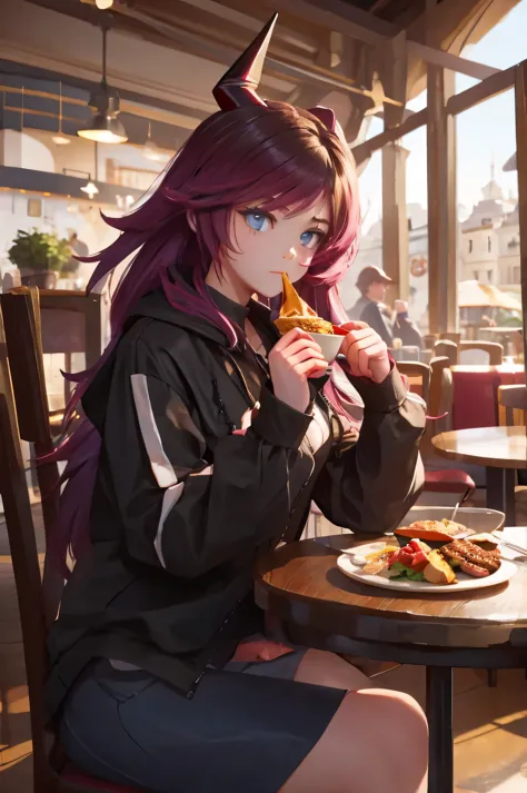 Teenage woman, battle outfit, horns, long hair, happily eating in a cafe