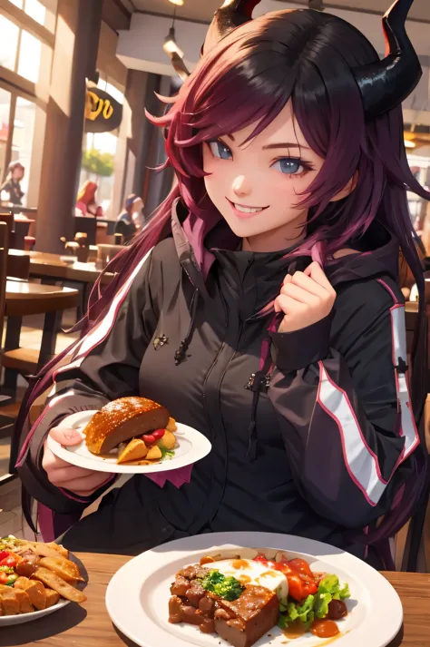 Teenage woman, battle outfit, horns, long hair, happily eating in a cafe, happy, big smile