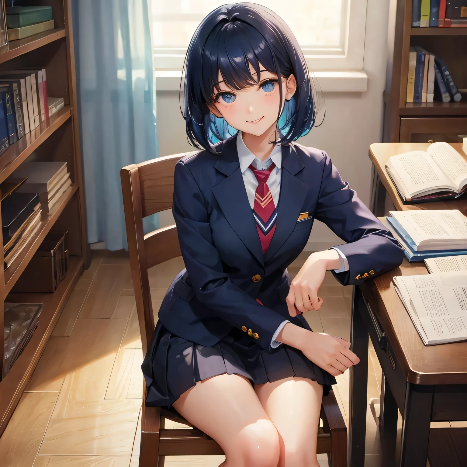 1 старшеклассница　один　блейзер　галстук　короткая стрижка　темно-синий цвет волос　библиотека　нежно улыбайся　сидеть на стуле