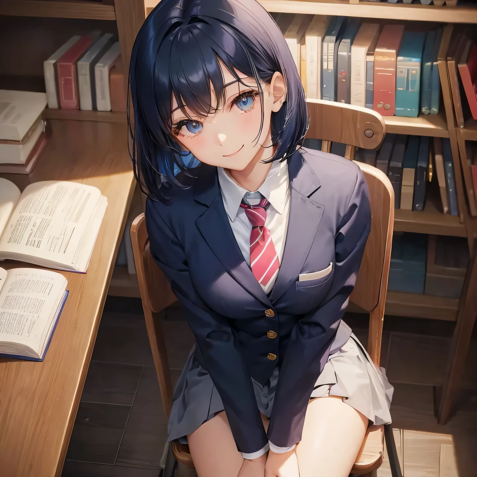 1 старшеклассница　один　блейзер　галстук　короткая стрижка　темно-синий цвет волос　библиотека　нежно улыбайся　сидеть на стуле