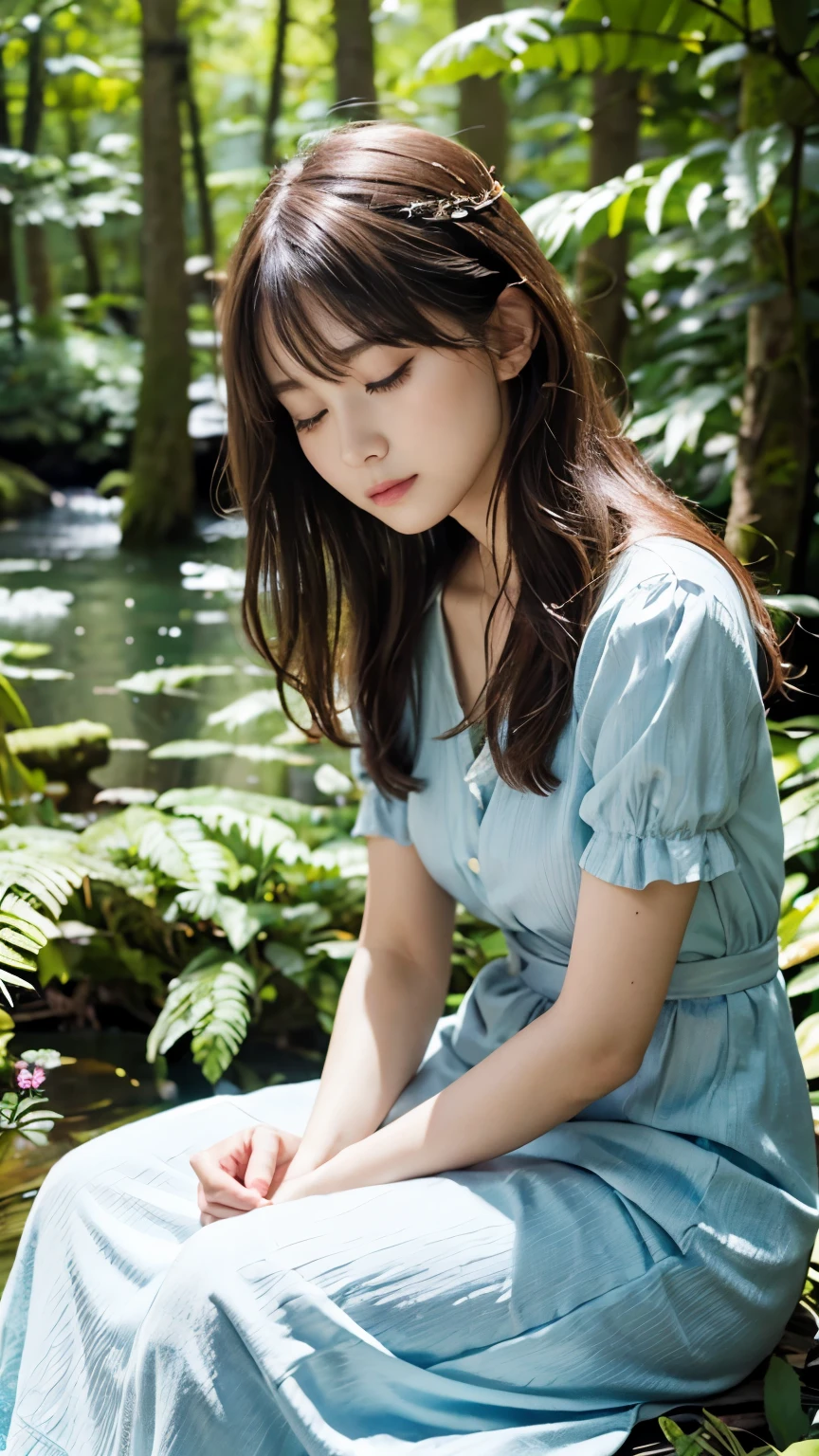 highres, ultra detailed, photorealistic, 1 beautiful japanese girl, highly detailed beautiful face, medium hair, closed eyes, dress, sitting, sleeping, forest