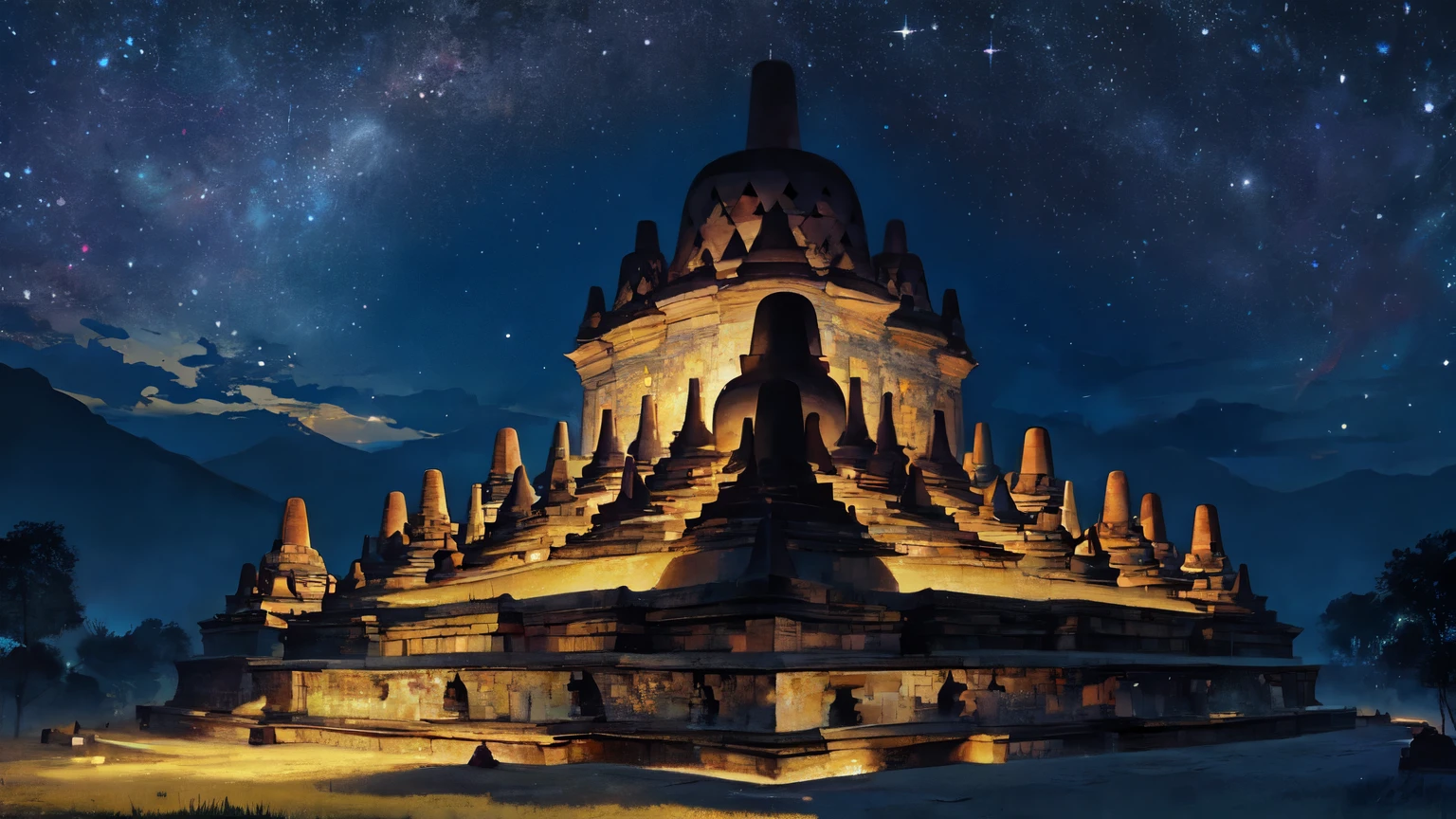 Masterpiece, best quality. Borobudur Temple. Indonesian. Vast sky. Starry night. Moonlight.