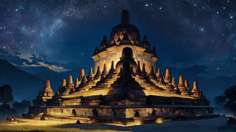 Masterpiece, best quality. Borobudur Temple. Indonesian. Vast sky. Starry night. Moonlight.