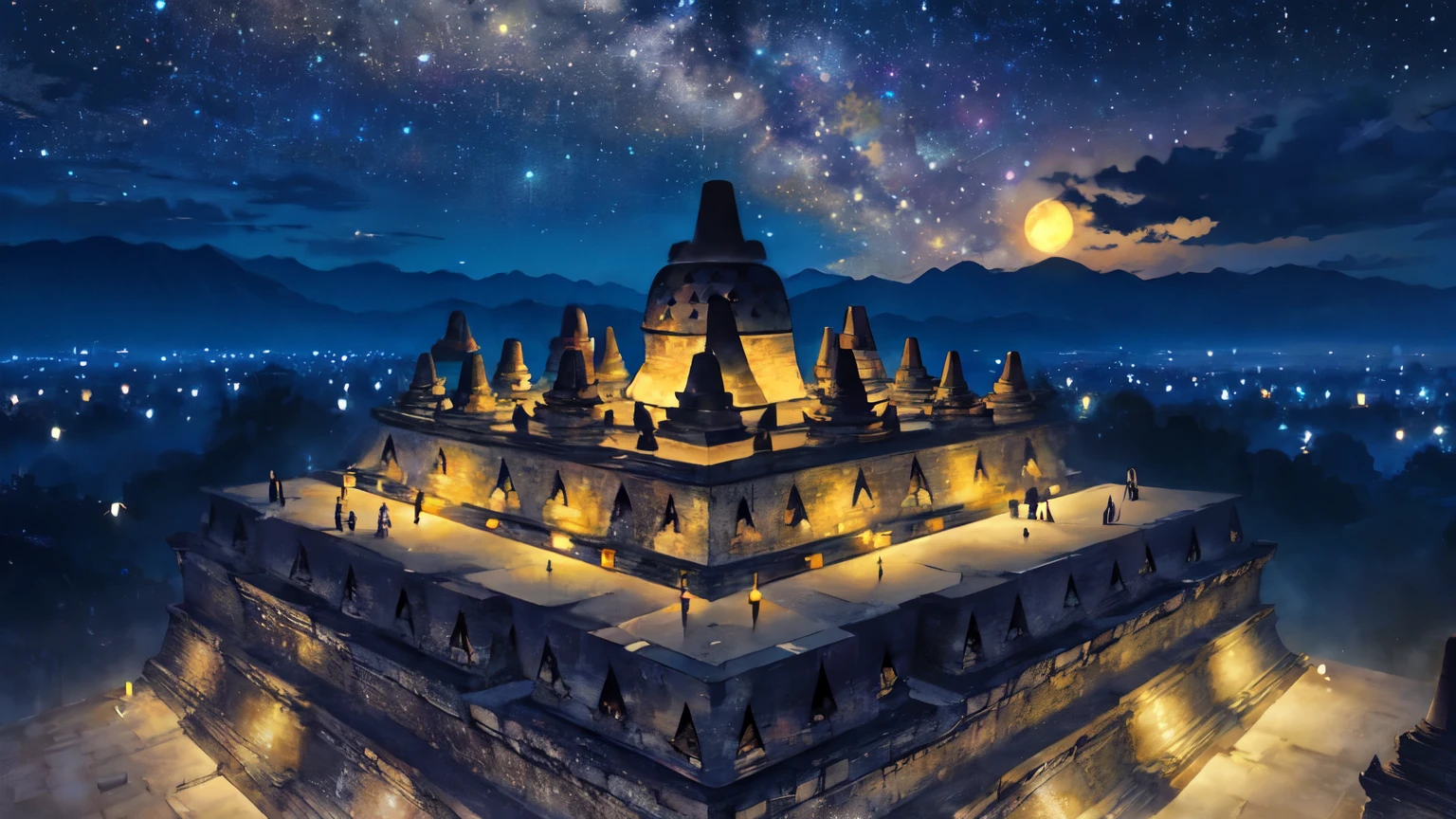 Masterpiece, best quality. Borobudur Temple. Indonesian. Vast sky. Starry night. Moonlight.