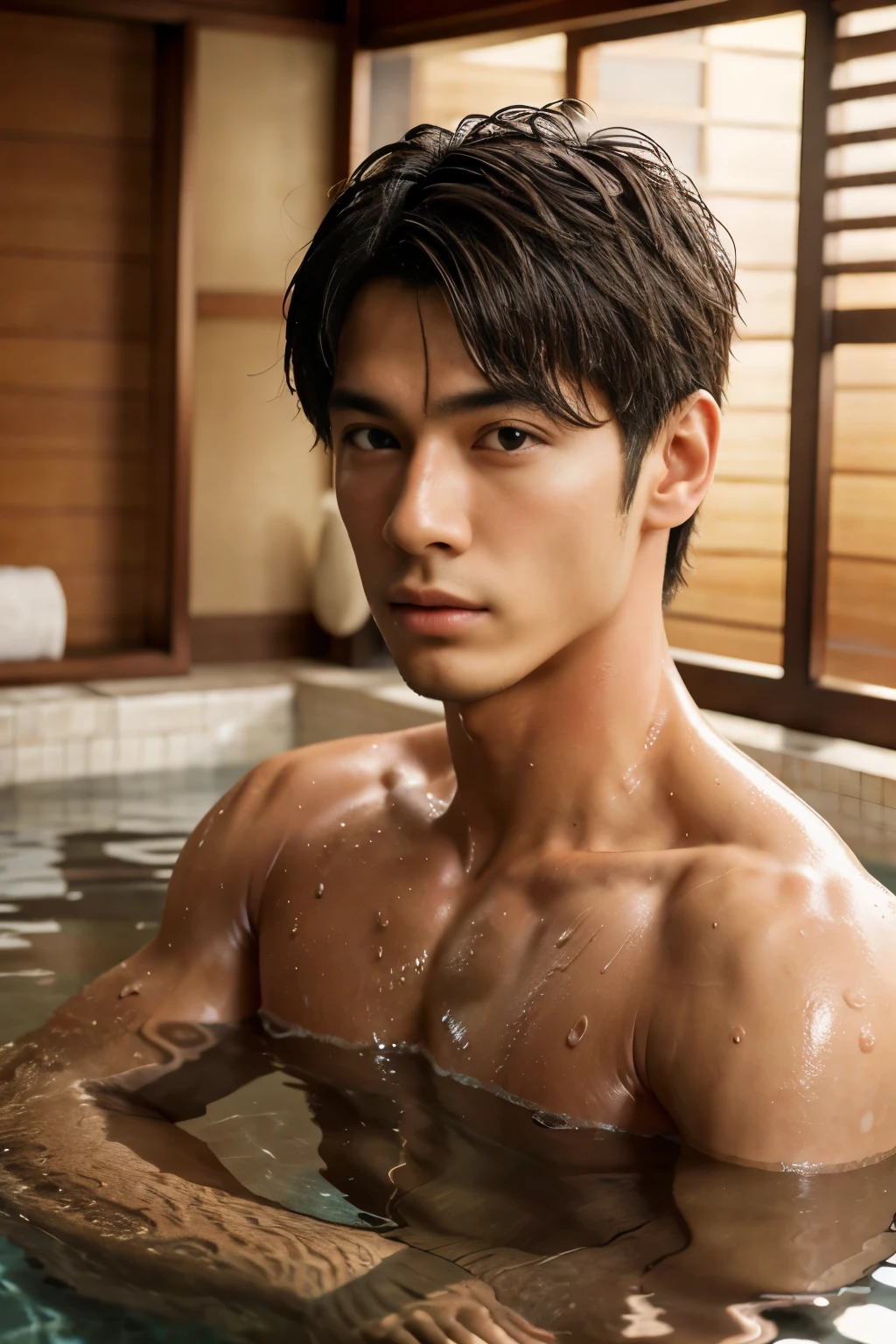 Arafed asian man in a pool with no shirt on - SeaArt AI