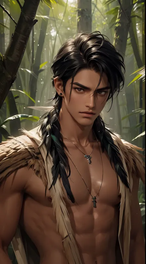 1 boy,Handsome，tall and strong,perfect male figure, eyes looking at camera, ((tanned skin)),forest，（primitive），feather hair acce...