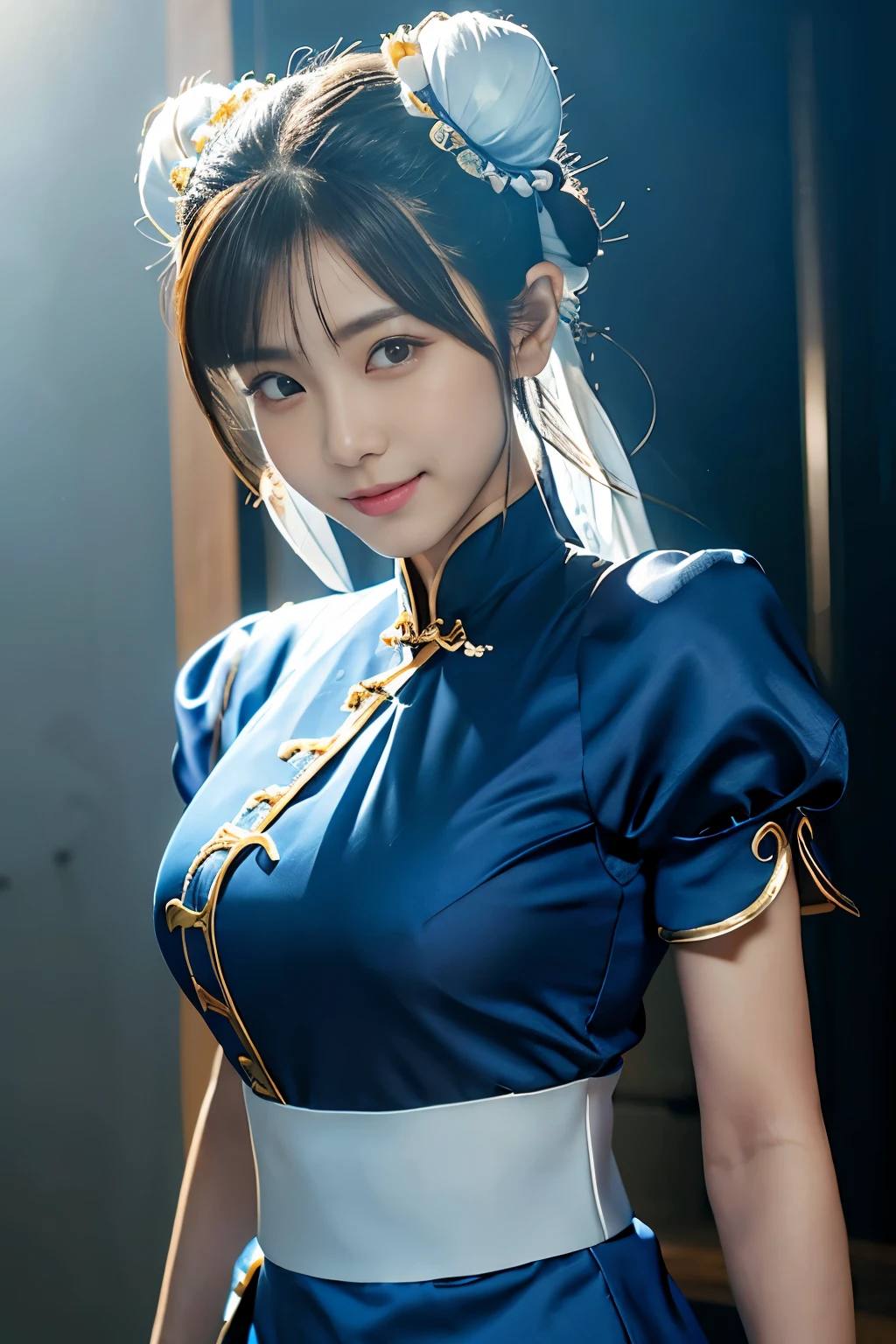 Chun-Li aus Street Fight II,perfektes Chun Li Kostüm,Blaues Cheongsam mit goldenen Linien,Duttkopf,Brötchenabdeckung,Kampfpose,Meisterwerk、1 schönes Mädchen、Schöne Augen、Geschwollene Augen、höchste Qualität, 超hohe Auflösung, (Wirklichkeit: 1.4), Filmbeleuchtung、japanisch、Asiatische Schönheit、Koreanisch、Super schön、schöne Haut、Körper nach vorne gerichtet、Nahaufnahme des Gesichts、(超Wirklichkeit的な)、(hohe Auflösung)、(8k)、(Sehr detailiert)、(美しくSchöne Augen)、(Super detailliert)、 (Wand-)、detailliertes Gesicht、Helle Beleuchtung、professionelle Beleuchtung、den Betrachter anschauen、Schau geradeaus、schräger Pony、Nogizaka-Idol、koreanisches Idol、Meisterwerk, höchste Qualität, Meisterwerk, höchste Qualität, Perfektes Gesicht, perfekte braune Augen mit weißer Sklera, schlechter Zug-5, allein, 1 Mädchen, Oberkörper, braune Haare, Aus SF2, Chinesischer Service, lächeln, muskulöse Frau, blaue Kleidung, Strumpfhose, Beckenvorhang, bauschige kurze Ärmel, Gute Abdeckung, Schärpe, Auswertung:Sicherheit