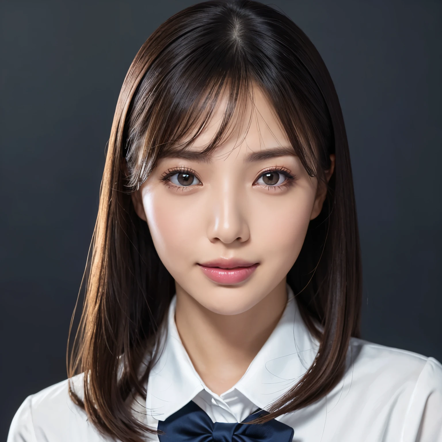 (highest quality、table top、8k、best image quality、Award-winning work)、1 Beautiful OL、straight medium hair、(dark navy business suit:1.1)、The simplest single color background、(Perfectly fixed to the front:1.1)、(Depicting a woman perfectly horizontally and frontally:1.1)、perfect composition、beautiful and detailed eyes、look at me and smile、(close up of face:1.1)、(face me straight ahead:1.2)、(Perfect frontal and horizontal portrait of a woman with adequate white space:1.2)、(Please look at me:1.1)、elegant makeup、Ultra high definition beauty face、ultra high definition hair、Super high-definition sparkling eyes、Super high resolution glossy lips、accurate anatomy、very beautiful skin、Super high-definition glowing beautiful skin、very bright