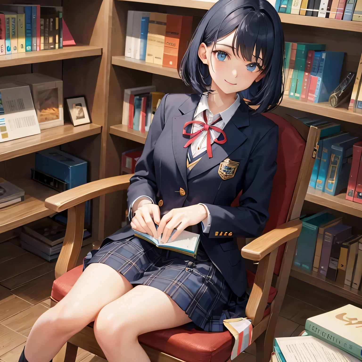 1 старшеклассница　один　блейзер　лента　короткая стрижка　темно-синий цвет волос　библиотека　нежно улыбайся　сидеть на стуле　Поставьте ноги вместе　книжная полка